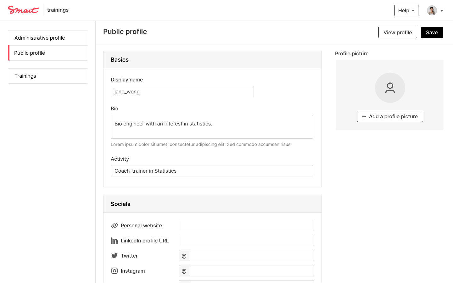 Screenshot of an application layout showing a public profile